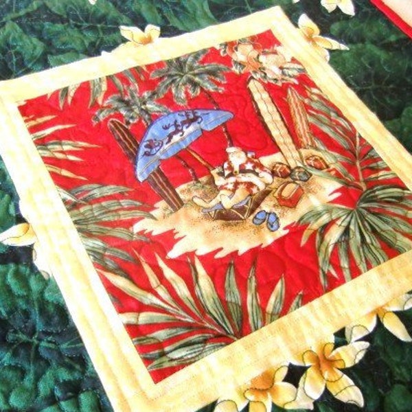 Hawaiian Christmas Table Quilt, Surf Santa Wall Hanging, Mele Kalikimaka décor, Tropical Holiday Runner, Beach Home Gift, Handmade in Hawaii
