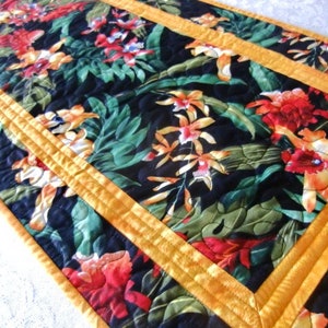 quilted square table mat with tropical flower fabric /& batik binding Hawaiian table d\u00e9cor for tropical home Hawaiian Plumeria Table Topper