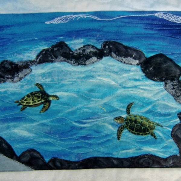 Hawaiian Tropical Beach Art Quilt Landscape Seascape Wall Hanging Sea Turtles Palm Trees OOAK