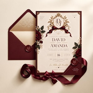 May include: A wedding invitation card and matching envelope in deep burgundy and cream. The card features the names David and Amanda, the date August 16, 2026, and location details. It is adorned with red roses, a gold crest, and a burgundy ribbon.