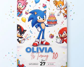 Può includere: Un invito di compleanno con Sonic the Hedgehog che tiene una torta, circondato da Amy Rose, Tails, Shadow e Knuckles. Il testo recita: OLIVIA Is Turning 10, Saturday June 27 at 12:45, Wycombe Leisure Centre, Handy Cross, High Wycombe, BPH 1UP.