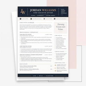May include: A professional resume template featuring a dark navy header with the name Jordan Williams, Chief Executive Officer, and contact details. The document includes sections for executive summary, professional experience, core skills, and education.