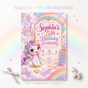 May include: A birthday invitation card featuring a white unicorn with a rainbow mane, a castle, and a rainbow. Text includes: Sophia's 5th Birthday, Dream Be Kind Be Magical Always, A Magical Celebration Awaits, Sparkle Play Celebrate, and Unicorns Make Life Brighter.