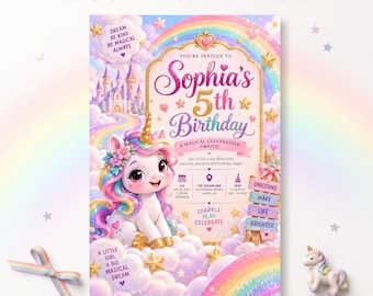 Plantilla editable de invitación de cumpleaños de unicornio, invitación imprimible para fiesta de niña arcoíris, cumpleaños de castillo mágico, descarga digital