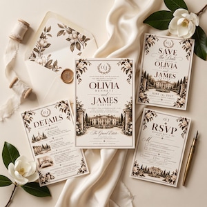 May include: A wedding invitation suite featuring cream-colored paper with dark brown floral illustrations and estate imagery. The set includes a main invitation, a Save the Date card, an RSVP card, a details card, and an envelope with a floral liner.