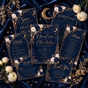 Plantilla de invitación de boda celestial, luna y estrellas en azul marino y dorado, conjunto de invitaciones de boda editables, paquete de papelería imprimible