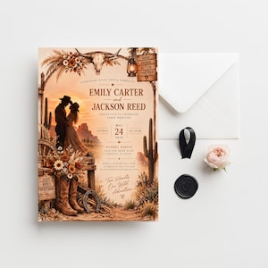 Könnte beinhalten: Eine Hochzeitseinladung mit einer Wüstensonnenuntergangsszene, einem Paar, einem Kuhschädel, Kakteen und Cowboystiefeln. Der Text enthält die Namen Emily Carter und Jackson Reed, das Datum 24. Mai 2025 und den Ort Sunset Ranch. Enthält einen weißen Umschlag, ein schwarzes Band und ein Wachssiegel.