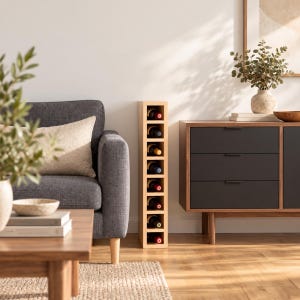 Peut inclure: Un casier à vin haut et rectangulaire en bois clair doté de huit compartiments carrés individuels, contenant chacun une bouteille de vin en verre foncé avec une capsule colorée, posé verticalement sur un sol en bois clair.