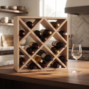 Könnte beinhalten: Ein quadratisches Weinregal aus hellem Holz mit rautenförmigem Gittermuster, das mehrere Weinflaschen aus Glas mit verschiedenen Etiketten und Korken enthält, neben einem einzelnen leeren Weinglas auf einer Holzoberfläche.