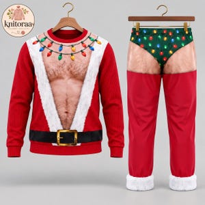 Könnte beinhalten: Ein Set aus einem roten Langarmpullover und einer passenden Hose mit einem Aufdruck eines behaarten Oberkörpers, einer Lichterkette mit bunten Weihnachtslichtern, weißem Kunstfellbesatz und einem schwarzen Gürtel mit goldener Schnalle.