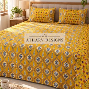 Mustard Yellow Cotton Bedsheet, Procion Print Indian Bedding, 108x108 Inch Flat Sheet, Floral Printed Bed Cover, Matching Pillow Covers