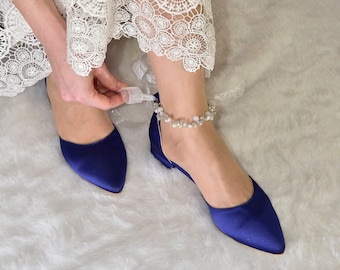 Something Blue Bridal Flats with Crystal and Pearl Ankle Strap, Pointy Toe Navy Wedding Shoes