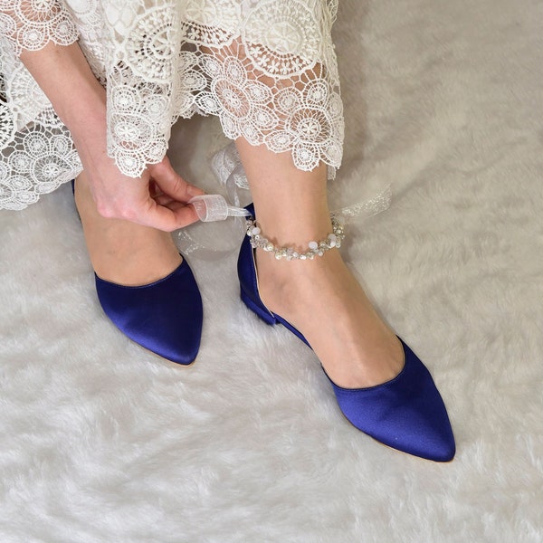 Something Blue Bridal Flats with Crystal and Pearl Ankle Strap, Pointy Toe Navy Wedding Shoes