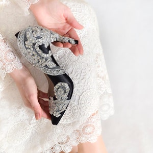 Black Silver Lace Embellished Wedding Shoes, Gothic Bridal Shoes