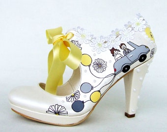 Custom Wedding Shoes for Bride, Handpainted Yellow and Gray Bridal Shoes