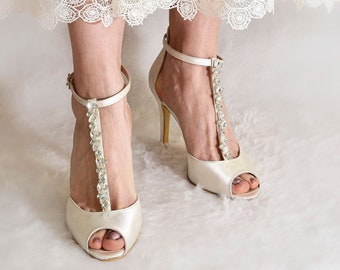 Ivory Satin Bridal Shoes with Sparkly Rhinestones and T-Straps, Eelegant Wedding Heels for Bride