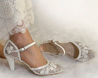White Sparkly Tulle Wedding Shoes with Embroidered Lace Flowers