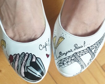 Paris Handpainted Shoes, Custom Pumps with the Eiffel Tower and Cupcake Designs