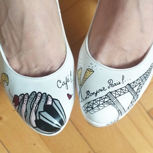 Paris Handpainted Shoes, Custom Pumps with the Eiffel Tower and Cupcake Designs