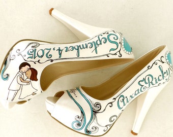 Zapatos de boda personalizados para novia, zapatos de novia pintados a mano, color verde azulado y plateado