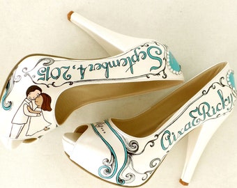 Custom Wedding Shoes for Bride, Hand Painted Bridal Shoes, Teal Silver