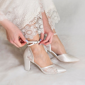 Ivory Satin and Floral Lace Wedding Shoes with Block Heels and Ankle Straps