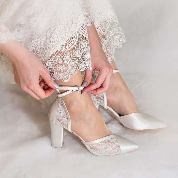 Ivory Satin and Floral Lace Wedding Shoes with Block Heels and Ankle Straps