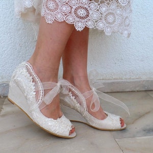 Boho Wedding Wedges: Ivory Floral Lace Bridal Wedge Shoes