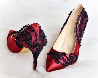 Burgundy Satin Black Lace Embellished Gothic Wedding Shoes