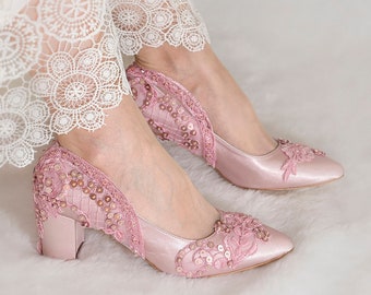 Dusty Pink Lace Wedding Shoes, Elegant Pink Block Heels for Bride