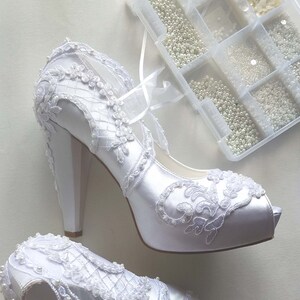 White Wedding Shoes for Bride with Pearls