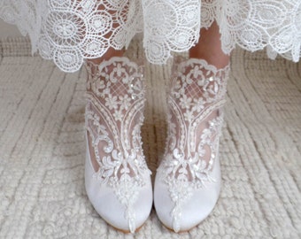 Shoes for Bride with Low Block Heels, Ivory Lace Bridal Boots