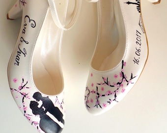 Custom Wedding Shoes, Handpainted Low Heel Bridal Shoes with Cherry Blossoms