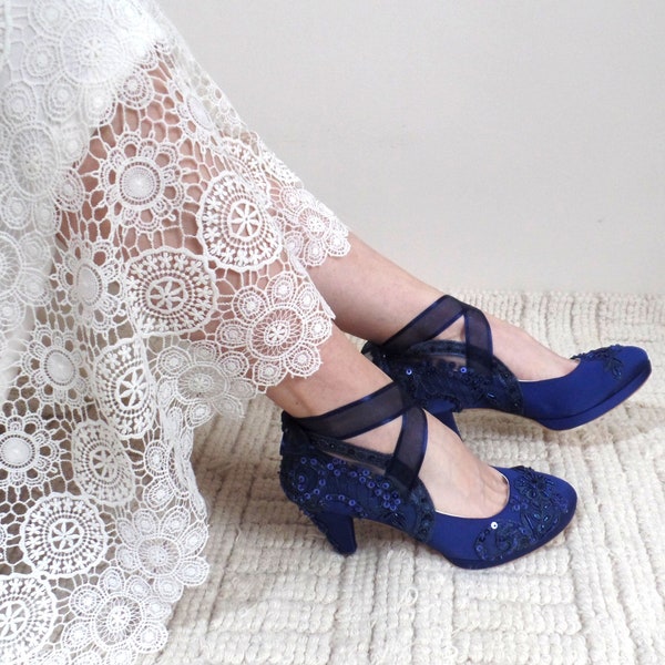 Lace Embellished Navy Blue Wedding Shoes