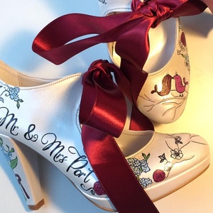 Custom Wedding Shoes with Burgundy Ribbons, Floral Bridal Shoes