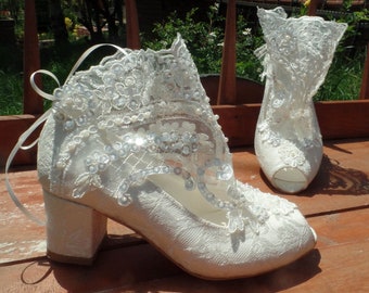 Lace Wedding Boots with Block Heels and Custom Soles
