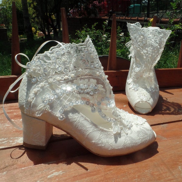 Lace Wedding Boots with Block Heels and Custom Soles