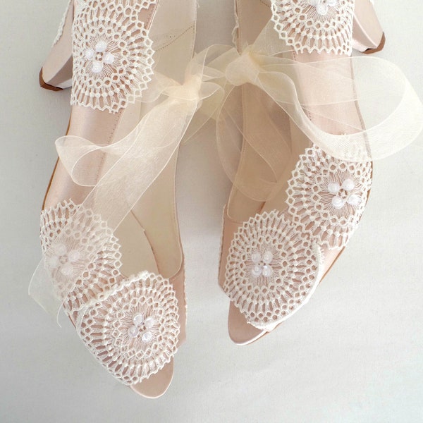 Low Heel Boho Wedding Shoes, Champagne Satin and Ivory Lace