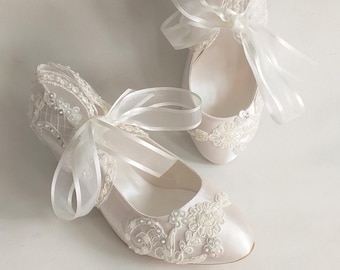 Bridal shoes with floral beaded lace, ivory satin low heel wedding shoes