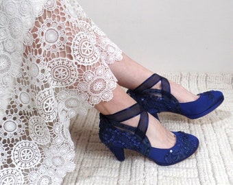 Lace Embellished Navy Blue Wedding Shoes