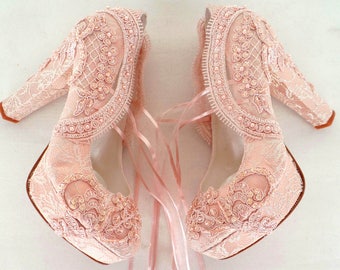 Blush Lace Wedding Shoes for Bride with Block Heels