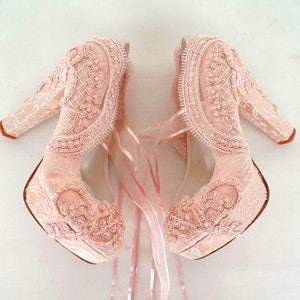 Blush Lace Wedding Shoes for Bride with Block Heels image 1