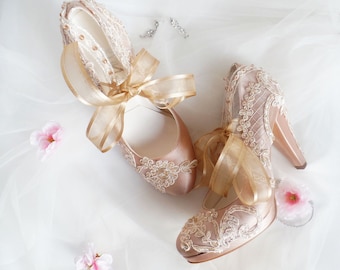 Wedding Shoes for Bride, Champagne Lace Embellished