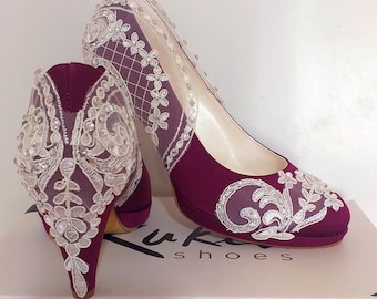 Burgundy Wedding Shoes with Ivory Floral Lace and Rhinestones