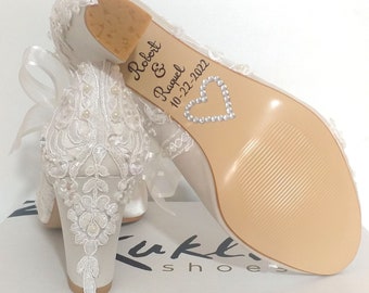 Ivory Wedding Shoes with Block Heels and Floral Beaded Lace