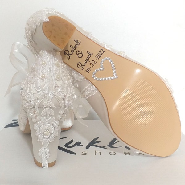 Ivory Wedding Shoes with Block Heels and Floral Beaded Lace