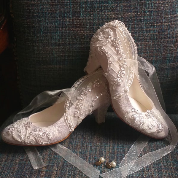 Lace Wedding Shoes for Bride with Pearls and Sequins, Low Heels