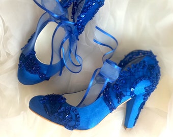 Royal Blue Lace Embellished Wedding Shoes for Bride