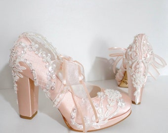 Blushand Ivory Lace Wedding Shoes with Block Heels, Floral Lace Embellished Bridal Shooes