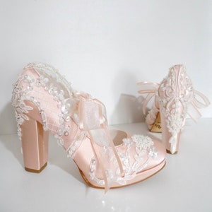 Blushand Ivory Lace Wedding Shoes with Block Heels, Floral Lace Embellished Bridal Shooes